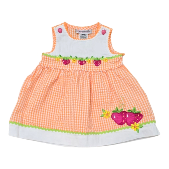 VTG Seersucker Dress 6-9m Orange White Gingham Embroidered Strawberry Youngland - Picture 8 of 8